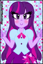 Size: 480x706 | Tagged: safe, artist:amyrosexshadowlover, imported from derpibooru, twilight sparkle, equestria girls, abstract background, blushing, clothes, cutie mark, cutie mark on clothes, eye clipping through hair, eyelashes, female, skirt, smiling, solo
