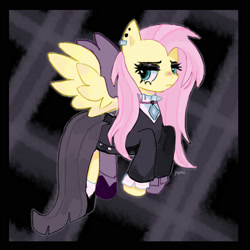 Size: 2000x2000 | Tagged: safe, artist:pxunii, imported from derpibooru, fluttershy, pegasus, pony, fake it 'til you make it, clothes, dress, ear piercing, eyeshadow, female, fluttergoth, goth, high res, makeup, mare, piercing, solo, spread wings, wings