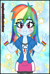 Size: 480x706 | Tagged: safe, artist:amyrosexshadowlover, imported from derpibooru, rainbow dash, equestria girls, abstract background, blushing, bracelet, clothes, cutie mark, cutie mark on clothes, devil horn (gesture), eye clipping through hair, eyelashes, female, grin, jewelry, shorts, smiling, solo