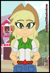 Size: 480x706 | Tagged: safe, artist:amyrosexshadowlover, imported from derpibooru, applejack, equestria girls, apple, apple tree, barn, clothes, eyelashes, female, food, freckles, hat, outdoors, shorts, smiling, solo, tree