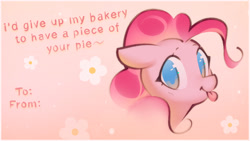 Size: 1942x1092 | Tagged: safe, artist:mirroredsea, imported from derpibooru, pinkie pie, pony, :p, bust, cute, diapinkes, female, floppy ears, flower, looking at you, mare, portrait, solo, tongue out, valentine's day card