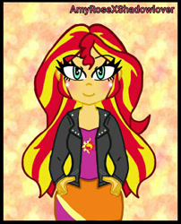 Size: 480x594 | Tagged: safe, artist:amyrosexshadowlover, imported from derpibooru, sunset shimmer, equestria girls, abstract background, blushing, clothes, cutie mark, cutie mark on clothes, eyelashes, female, hand on hip, jacket, smiling, solo