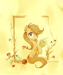 Size: 1300x1558 | Tagged: safe, artist:anotherdeadrat, imported from derpibooru, jonagold, marmalade jalapeno popette, earth pony, pony, apple, apple family member, background pony, cottagecore, female, flower, food, hatless, mare, missing accessory, no pupils, rose, solo, wheat