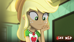 Size: 1280x720 | Tagged: safe, artist:alex mlp, edit, edited screencap, imported from derpibooru, screencap, applejack, human, equestria girls, equestria girls series, the finals countdown, applejack's hat, clothes, cowboy hat, cute, cutie mark, cutie mark on clothes, geode of super strength, hat, jackabetes, magical geodes, redraw, smiling, solo