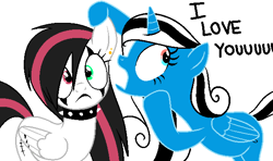 Size: 609x360 | Tagged: safe, artist:emalajiss36, imported from derpibooru, oc, oc only, oc:emala jiss, oc:miss smile, alicorn, pegasus, pony, alicorn oc, choker, derp, ear piercing, eyelashes, female, frown, heterochromia, hoof hold, horn, lesbian, mare, oc x oc, open mouth, pegasus oc, piercing, shipping, simple background, spiked choker, white background, wings