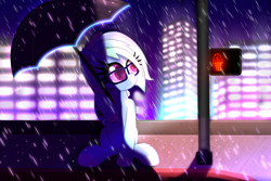 Size: 6000x4000 | Tagged: safe, artist:windy-pony, artist:windykirin, imported from derpibooru, oc, oc only, oc:parity bit, earth pony, pony, absurd resolution, city, female, glasses, lights, mare, rain, sitting, solo, umbrella