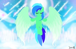 Size: 960x625 | Tagged: source needed, useless source url, safe, artist:jadebreeze115, imported from derpibooru, oc, oc only, oc:jade breeze, pegasus, pony, anime reference, audio spectrum, base used, bipedal, cloud, cloudy sky, colored wings, eyes closed, flying, gradient wings, majestic, male, pegasus oc, shooting star, silhouette, sky, solo, spread wings, stallion, sun, wings