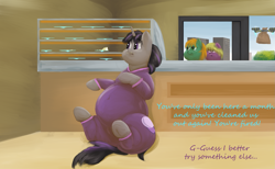 Size: 2117x1300 | Tagged: safe, artist:lupin quill, imported from derpibooru, oc, oc only, oc:magna-save, pony, unicorn, series:career change (weight gain), bakery, belly, belly button, butt, cake, chubby, clothes, counter, dialogue, drone, fat, fat fetish, fetish, food, frog (hoof), horn, hoverboard, jumpsuit, messy eating, open mouth, plot, science fiction, shop window, sitting, stuffed, the ass was fat, tight clothing, underhoof, unicorn oc, weight gain sequence, wide hips, window