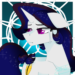 Size: 500x500 | Tagged: safe, artist:unluckykatt, imported from derpibooru, oc, oc only, oc:purple quill, pony, unicorn, crying, floppy ears, horn, looking back, sad, solo, unicorn oc