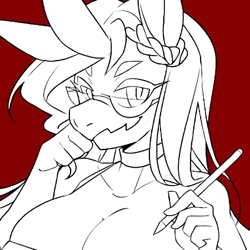 Size: 450x450 | Tagged: safe, artist:ero-bee, imported from derpibooru, oc, oc only, oc:ero-bee, anthro, unicorn, breasts, bust, choker, cleavage, female, glasses, horn, red background, simple background, smiling, solo, stylus, unicorn oc