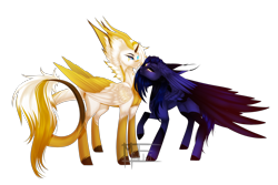 Size: 3000x2000 | Tagged: safe, artist:minelvi, imported from derpibooru, oc, oc only, pegasus, pony, colored hooves, duo, eye scar, eyelashes, horns, leonine tail, pegasus oc, raised hoof, scar, signature, simple background, transparent background, wings