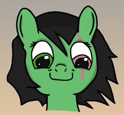 Size: 948x883 | Tagged: safe, artist:pinkchalk, ponerpics exclusive, oc, oc only, oc:filly anon, oc:warcrime filly, pegasus, pony, bust, does this look like the face of mercy, female, filly, heterochromia, looking down, portrait, scar, smiling, solo