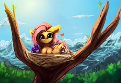 Size: 3985x2730 | Tagged: safe, artist:miokomata, imported from derpibooru, fluttershy, oc, oc:dazzling talents, oc:mio, alicorn, earth pony, pegasus, behaving like a bird, cute, female, floating heart, freckles, freckleshy, heart, looking at you, mare, nest, shyabetes, smol