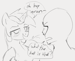 Size: 623x505 | Tagged: safe, artist:dotkwa, lyra heartstrings, oc, oc:anon, human, pony, unicorn, angry, blushing, bulging horn, dialogue, female, horn, mare, monochrome, open mouth, sketch, smiling, vulgar