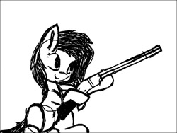 Size: 800x600 | Tagged: safe, artist:anonymous, oc, oc only, oc:filly anon, earth pony, pony, belly button, black and white, female, filly, grayscale, gun, hoof hold, monochrome, shotgun, sitting, sketch, smiling, solo, weapon