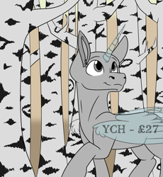 Size: 1463x1588 | Tagged: safe, artist:rokosmith26, imported from derpibooru, pony, advertisement, commission, forest, looking up, simple background, smiling, solo, text, your character here