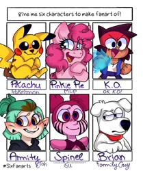 Size: 858x1024 | Tagged: safe, alternate version, artist:_julianaf06_, imported from derpibooru, pinkie pie, anthro, dog, earth pony, human, pikachu, pony, six fanarts, amity blight, anthro with ponies, brian griffin, bust, clothes, collar, colored, crossover, dyed hair, eye clipping through hair, eyelashes, family guy, female, gem (race), glowing hands, humanoid, male, mare, ok ko let's be heroes, open mouth, pokémon, smiling, spinel (steven universe), steven universe, the owl house, unamused, when she smiles, witch