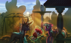 Size: 4004x2452 | Tagged: safe, artist:klooda, imported from derpibooru, cheerilee, oc, oc:tarsi, changeling, earth pony, pony, bag, bouquet, box of chocolates, bush, changeling oc, commission, detailed, detailed background, evening, eyes closed, female, flower, glasses, happy, holiday, horn, magic, male, mare, open mouth, ponyville schoolhouse, raised hoof, rose, saddle bag, shy, sky, smiling, stallion, sunset, swing, tree, valentine's day