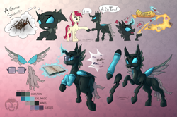 Size: 1521x1010 | Tagged: safe, artist:calena, imported from derpibooru, roseluck, oc, oc:tarsi, changeling, spider, book, butter, butter knife, changeling oc, clothes, food, glasses, magic, reference sheet, spread wings, transparent wings, wings