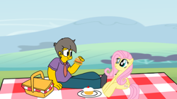 Size: 900x506 | Tagged: safe, artist:haileykitty69, imported from derpibooru, fluttershy, cake, crossover, crossover shipping, fluttermour, food, picnic, sandwich, seymour skinner, shipping, the simpsons