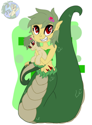 Size: 2203x2984 | Tagged: safe, artist:shappy the lamia, imported from derpibooru, oc, oc:shappy, earth pony, hybrid, lamia, original species, semi-anthro, equestria girls, arms, beautiful, belly, belly button, brooch, cute, elf ears, equestria girls-ified, fangs, grin, happy, hips, hug, huggable, hugging a pony, jewelry, plushie, red eyes, scales, short hair, short mane, slit eyes, slit pupils, smiling, snake eyes, snake tail