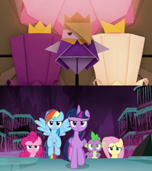 Size: 1920x2160 | Tagged: safe, edit, edited screencap, imported from derpibooru, screencap, fluttershy, pinkie pie, rainbow dash, spike, twilight sparkle, alicorn, dragon, earth pony, pegasus, school raze, season 8, spoiler:s08, comparison, king olly, nintendo, origami, paper mario, paper mario: the origami king, super mario bros., twilight sparkle (alicorn), winged spike, wings