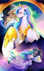 Size: 2352x3800 | Tagged: safe, artist:pumpkabooo, idw, imported from derpibooru, king sombra, princess celestia, alicorn, pony, unicorn, reflections, spoiler:comic, celestibra, female, good king sombra, high res, male, mare, mirror, mirror universe, shipping, stallion, story in the source, straight