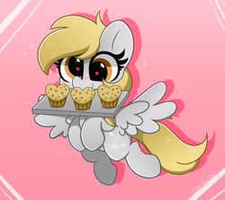 Size: 4096x3661 | Tagged: safe, artist:kittyrosie, imported from derpibooru, derpy hooves, pegasus, pony, cute, derpabetes, female, food, heart eyes, mouth hold, muffin, solo, tray, wingding eyes