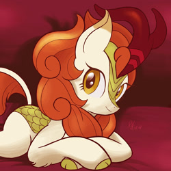 Size: 1280x1280 | Tagged: safe, artist:branewashpv, artist:theratedrshimmer, imported from derpibooru, autumn blaze, kirin, awwtumn blaze, cloven hooves, cute, daaaaaaaaaaaw, female, fluffy, leg fluff, looking at you, lying down, prone, simple background, smiley face, smiling, solo