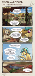 Size: 2336x4940 | Tagged: safe, artist:helmie-art, artist:helmie-d, imported from derpibooru, oc, oc:karoline skies, oc:raido, earth pony, pony, comic:iron and steel, axe, bag, bread, cloud, coin, comic, dialogue, food, knife, map, tomato, weapon