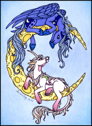 Size: 594x810 | Tagged: safe, artist:swandog, imported from derpibooru, princess luna, oc, oc:lunacorn, alicorn, pony, unicorn, crescent moon, duo, female, looking at each other, mare, moon, non-mlp oc, s1 luna, tangible heavenly object, traditional art