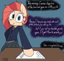 Size: 2588x2472 | Tagged: safe, artist:pinkberry, imported from derpibooru, oc, oc only, oc:cinnamon autumn, earth pony, semi-anthro, clothes, female, freckles, jacket, narration, necktie, school uniform, simple background, skirt, solo, text