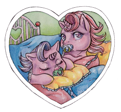 Size: 1826x1686 | Tagged: safe, artist:shaiyeh, imported from derpibooru, sniffles, snookums, pony, unicorn, 2018, baby, baby pony, blanket, cute, female, filly, g1, pacifier, pillow, sleeping