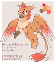 Size: 1231x1408 | Tagged: safe, artist:beardie, edit, imported from derpibooru, oc, oc only, oc:raaz, griffon, adoptable, chest fluff, female, gray background, griffon oc, no source available, pale belly, reference, reference sheet, simple background, solo, spread wings, text, wings