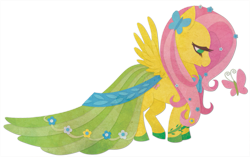 Size: 1115x700 | Tagged: safe, artist:sleepwalks, imported from derpibooru, fluttershy, butterfly, pegasus, pony, clothes, cute, dress, female, flower, flower in hair, gala dress, hairclip, mare, profile, shyabetes, simple background, solo, spread wings, transparent background, wings