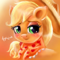 Size: 1024x1024 | Tagged: safe, artist:loveless-nights, imported from derpibooru, applejack, earth pony, pony, applejack's hat, blushing, bust, clothes, cowboy hat, cute, granny smith's shawl, hat, jackabetes, solo