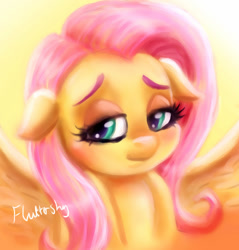 Size: 1024x1069 | Tagged: safe, artist:loveless-nights, imported from derpibooru, fluttershy, pegasus, pony, blushing, bust, cute, female, floppy ears, lidded eyes, mare, shyabetes, solo, spread wings, wings