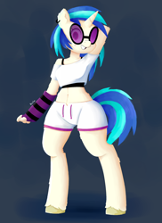 Size: 1600x2200 | Tagged: safe, artist:biocrine, imported from derpibooru, dj pon-3, vinyl scratch, anthro, unicorn, arm behind head, arm warmers, clothes, ear piercing, earring, female, jewelry, piercing, short shirt, shorts, simple background, solo