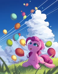 Size: 2050x2624 | Tagged: safe, artist:emeraldgalaxy, imported from derpibooru, pinkie pie, earth pony, pony, balloon, cloud, ear fluff, grass, high res, leg fluff, lying down, prone, sky, solo