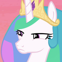 Size: 580x580 | Tagged: safe, imported from derpibooru, screencap, princess celestia, alicorn, pony, a royal problem, celestial advice, cropped, crown, female, frown, glare, jewelry, looking at someone, mare, morning, multicolored mane, regalia, solo, squint, sunrise