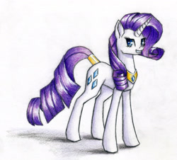 Size: 2578x2327 | Tagged: safe, artist:magical-marauder, imported from derpibooru, rarity, pony, unicorn, female, mare, peytral, simple background, smiling, solo, tail jewelry, traditional art, white background