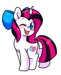 Size: 822x1000 | Tagged: safe, artist:paperbagpony, imported from derpibooru, oc, oc:heart stitches, unicorn, bow, horn, one eye closed, simple background, unicorn oc, white background, wink