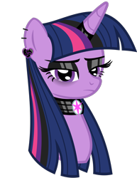 Size: 2494x3237 | Tagged: safe, artist:severity-gray, imported from derpibooru, twilight sparkle, alicorn, pony, alternate hairstyle, black eyeshadow, bust, choker, ear piercing, earring, eyeshadow, female, goth, gothic, horn, horn ring, jewelry, makeup, piercing, portrait, ring, sad, simple background, solo, transparent background, twilight sparkle (alicorn)