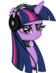 Size: 2494x3237 | Tagged: safe, alternate version, artist:severity-gray, imported from derpibooru, twilight sparkle, alicorn, pony, alternate hairstyle, black eyeshadow, bust, choker, ear piercing, earring, eyeshadow, female, goth, gothic, headphones, headset, horn, horn ring, jewelry, makeup, piercing, portrait, ring, sad, simple background, solo, transparent background, twilight sparkle (alicorn), wires