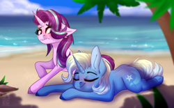 Size: 1920x1188 | Tagged: safe, artist:elektra-gertly, imported from derpibooru, starlight glimmer, trixie, pony, unicorn, beach, blushing, colored hooves, duo, female, lesbian, lip bite, lying down, prone, shipping, sploot, startrix, wavy mouth
