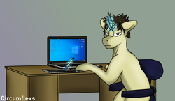 Size: 1323x767 | Tagged: safe, artist:circumflexs, imported from derpibooru, oc, oc only, pony, unicorn, bad hair, chair, computer, desktop, digital painting, drawing, drawing tablet, laptop computer, looking at you, looking back, male, microsoft, microsoft windows, notebook, office chair, pen, simple background, sitting, solo, stallion, table, windows, windows 10