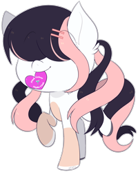 Size: 2192x2736 | Tagged: safe, artist:jetjetj, imported from derpibooru, part of a set, oc, oc only, oc:pink velvet, earth pony, pony, chibi, commission, female, heart, mare, mouth hold, solo, ych result