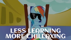 Size: 1920x1080 | Tagged: safe, edit, edited screencap, editor:quoterific, imported from derpibooru, screencap, rainbow dash, pegasus, pony, every little thing she does, chair, female, relaxing, solo, sunglasses, teeth