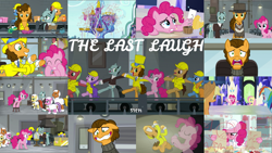 Size: 1975x1111 | Tagged: safe, edit, edited screencap, editor:quoterific, imported from derpibooru, screencap, applejack, cheese sandwich, fluttershy, giggleberry, lavender chuckle, lavender flask, lemon honey, pinkie pie, pun twirl, rainbow dash, sans smirk, spike, earth pony, pegasus, pony, the last laugh, applejack's hat, bipedal, collage, cowboy hat, eyes closed, female, grin, gritted teeth, hat, kneeling, male, microphone, nervous, nervous grin, nose in the air, open mouth, singing, smiling, teeth, twilight's castle