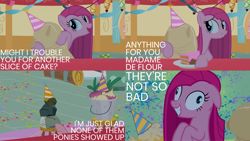 Size: 1986x1117 | Tagged: safe, edit, edited screencap, editor:quoterific, imported from derpibooru, screencap, madame leflour, mr. turnip, pinkie pie, rocky, sir lintsalot, earth pony, pony, party of one, cake, flour, food, hat, open mouth, party hat, pinkamena diane pie, rock, turnip